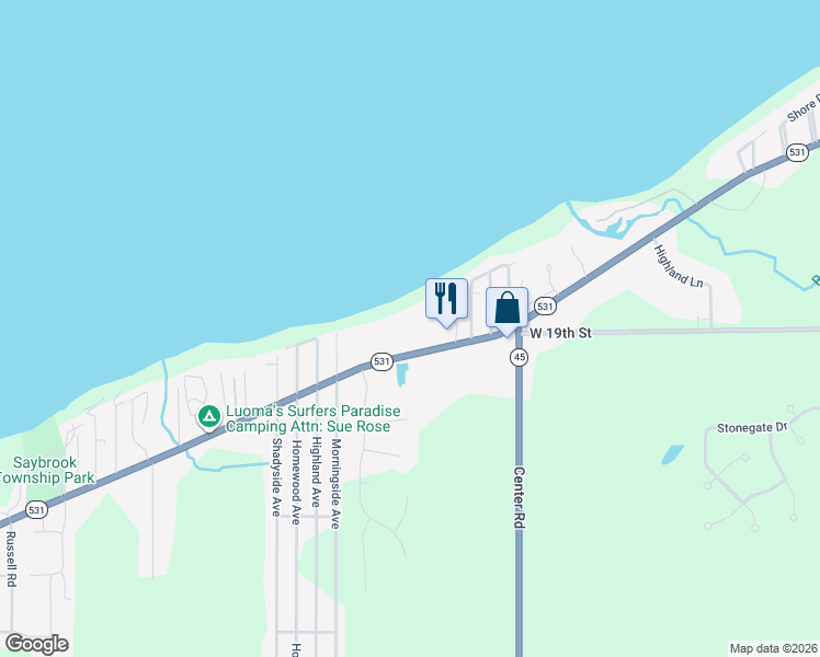 map of restaurants, bars, coffee shops, grocery stores, and more near 1019 Lake Road West in Conneaut