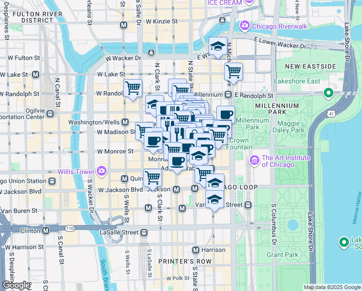 map of restaurants, bars, coffee shops, grocery stores, and more near 30 West Monroe Street in Chicago