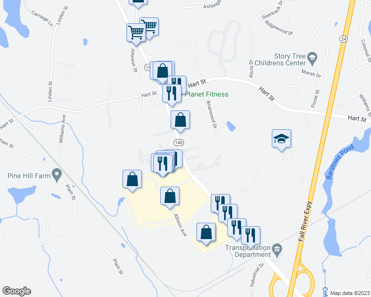map of restaurants, bars, coffee shops, grocery stores, and more near 800 Massachusetts 140 in Taunton