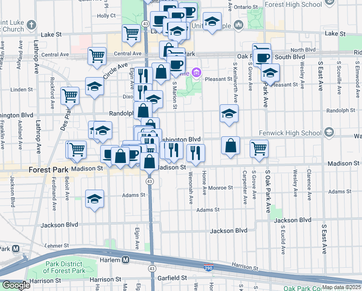 map of restaurants, bars, coffee shops, grocery stores, and more near 408 Wisconsin Avenue in Oak Park