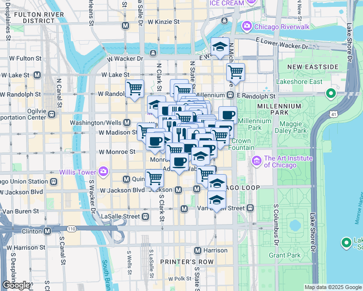 map of restaurants, bars, coffee shops, grocery stores, and more near 30 West Monroe Street in Chicago
