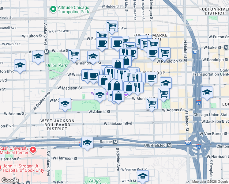 map of restaurants, bars, coffee shops, grocery stores, and more near 1200 West Monroe Street in Chicago