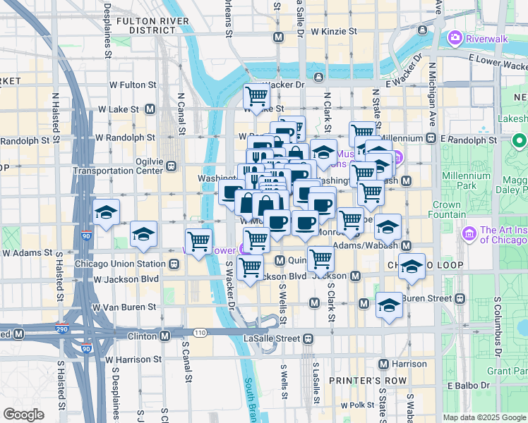 map of restaurants, bars, coffee shops, grocery stores, and more near 230 West Monroe Street in Chicago
