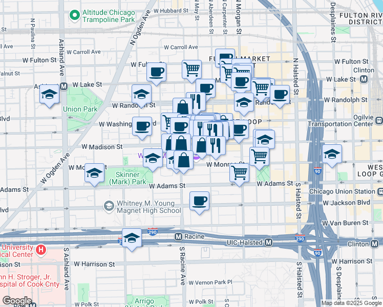 map of restaurants, bars, coffee shops, grocery stores, and more near 1131 West Madison Street in Chicago