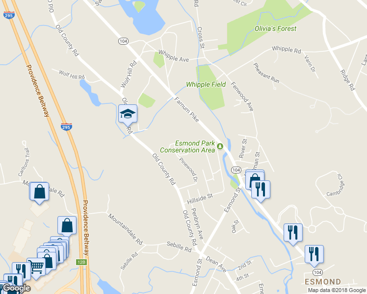 map of restaurants, bars, coffee shops, grocery stores, and more near 2303 Pinewood Drive in Smithfield