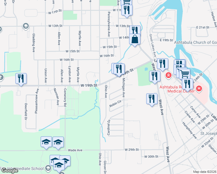 map of restaurants, bars, coffee shops, grocery stores, and more near 1804 West 19th Street in Ashtabula