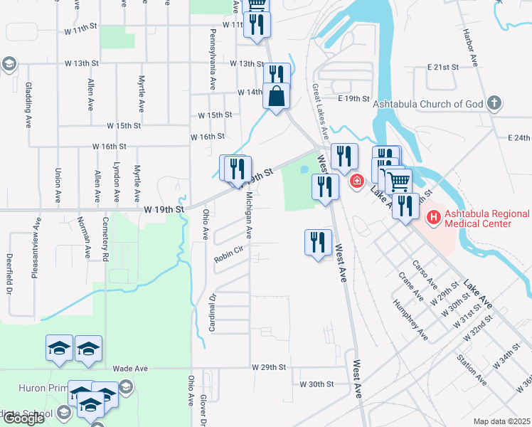 map of restaurants, bars, coffee shops, grocery stores, and more near 2142 Michigan Avenue in Ashtabula