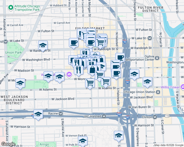 map of restaurants, bars, coffee shops, grocery stores, and more near 25 South Morgan Street in Chicago