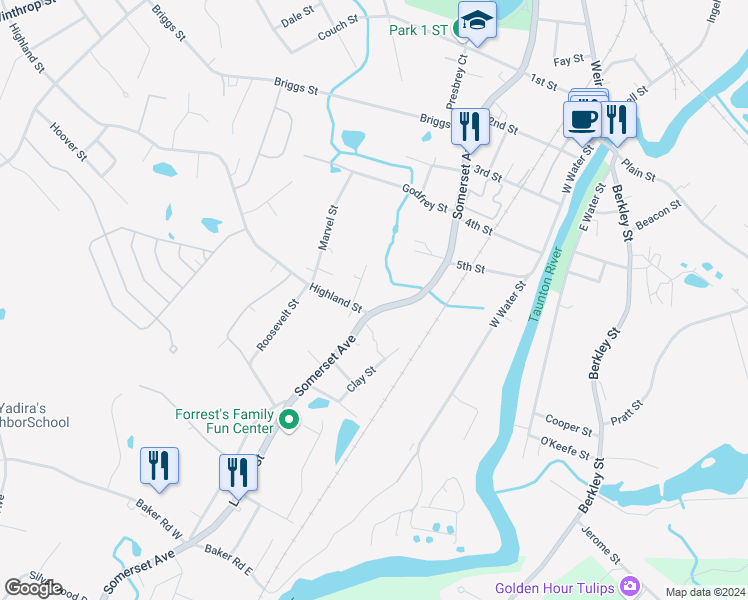 map of restaurants, bars, coffee shops, grocery stores, and more near 635 Somerset Avenue in Taunton