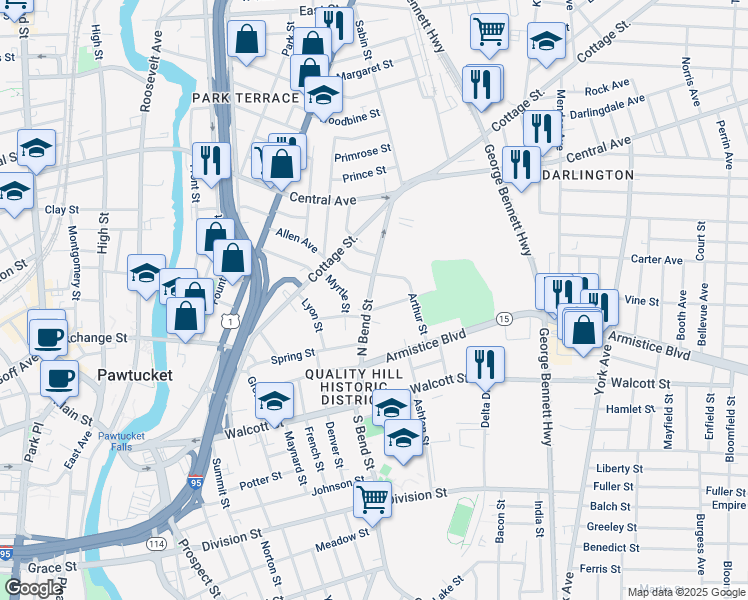 map of restaurants, bars, coffee shops, grocery stores, and more near 144 North Bend Street in Pawtucket