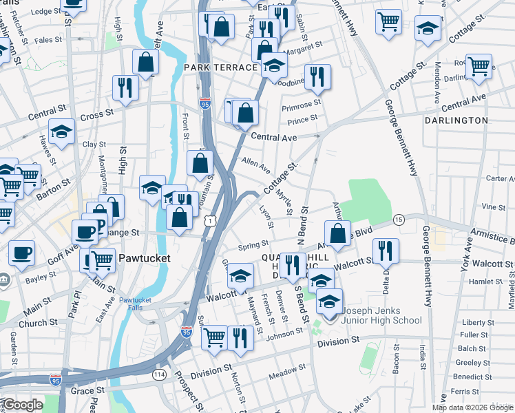 map of restaurants, bars, coffee shops, grocery stores, and more near 128 Cottage Street in Pawtucket