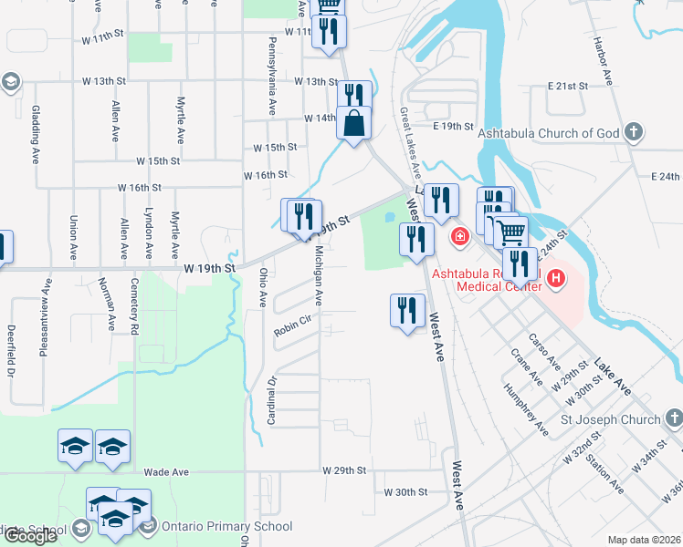 map of restaurants, bars, coffee shops, grocery stores, and more near 2142 Michigan Avenue in Ashtabula
