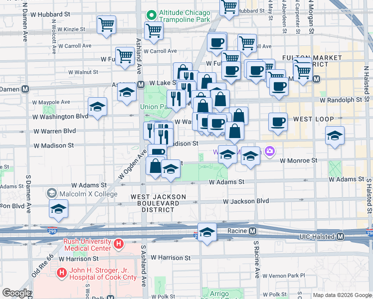 map of restaurants, bars, coffee shops, grocery stores, and more near 1422 West Madison Street in Chicago