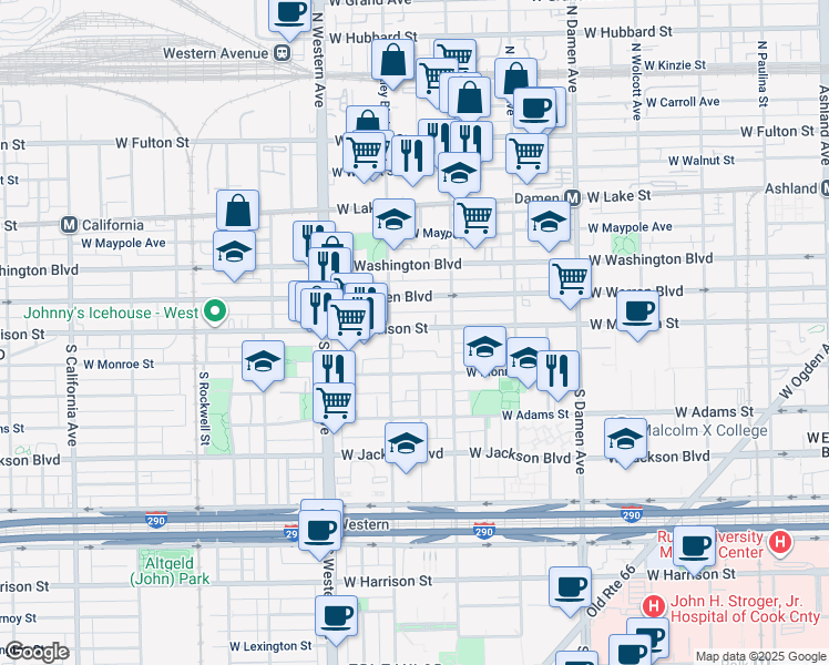 map of restaurants, bars, coffee shops, grocery stores, and more near 2224 West Madison Street in Chicago