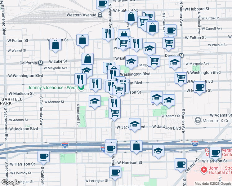 map of restaurants, bars, coffee shops, grocery stores, and more near 2217 West Madison Street in Chicago