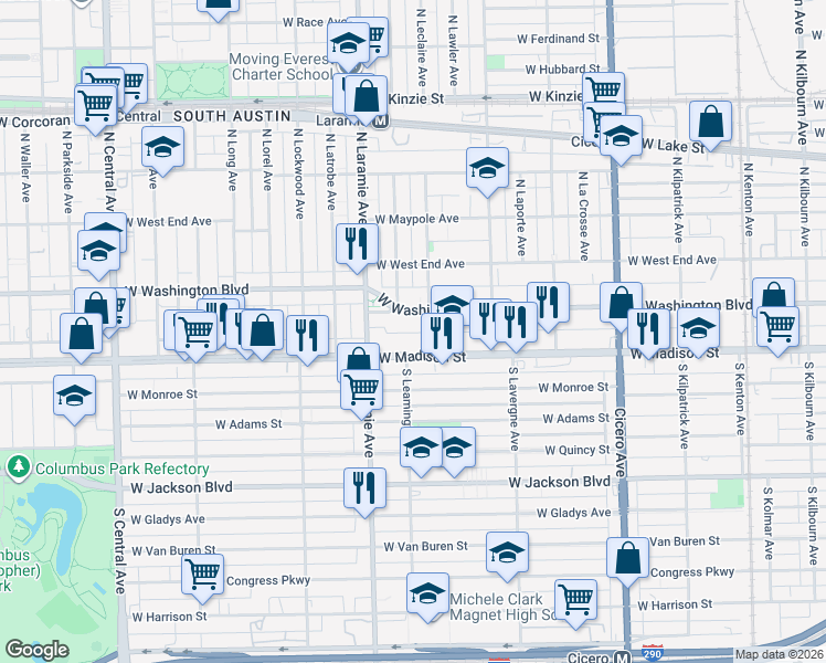 map of restaurants, bars, coffee shops, grocery stores, and more near 5107 West Washington Boulevard in Chicago