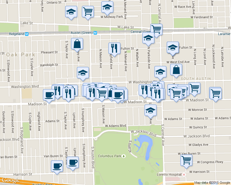 map of restaurants, bars, coffee shops, grocery stores, and more near 41 North Mayfield Avenue in Chicago