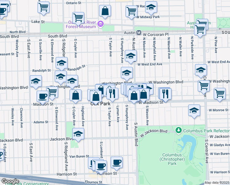 map of restaurants, bars, coffee shops, grocery stores, and more near 47 Washington Boulevard in Oak Park