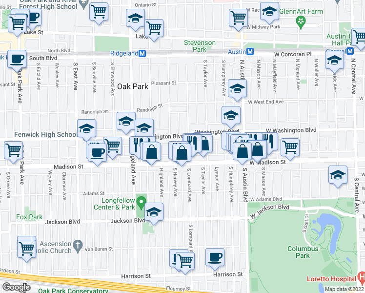 map of restaurants, bars, coffee shops, grocery stores, and more near 209 Washington Boulevard in Oak Park