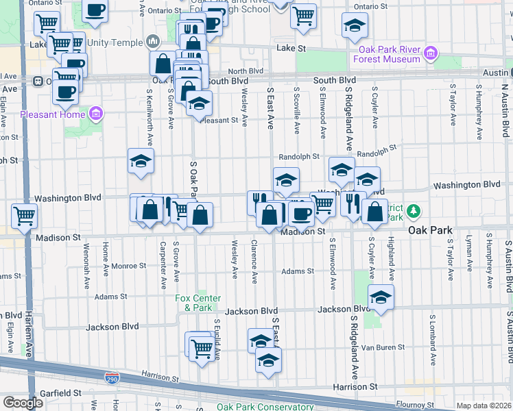 map of restaurants, bars, coffee shops, grocery stores, and more near 615 Washington Boulevard in Oak Park