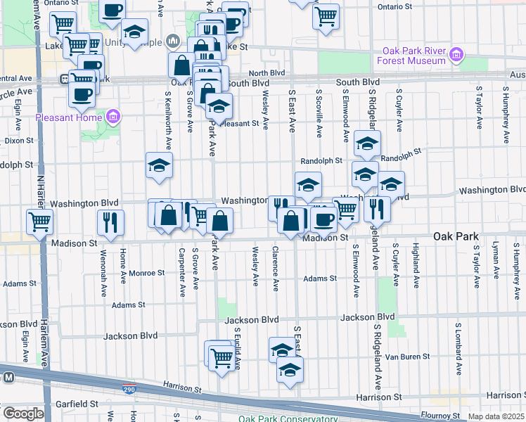 map of restaurants, bars, coffee shops, grocery stores, and more near 651 Washington Boulevard in Oak Park