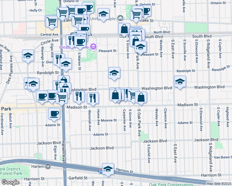 map of restaurants, bars, coffee shops, grocery stores, and more near 404 Clinton Avenue in Oak Park