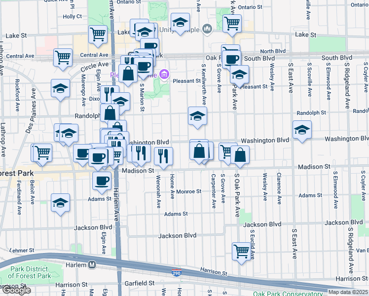 map of restaurants, bars, coffee shops, grocery stores, and more near 400 Home Avenue in Oak Park
