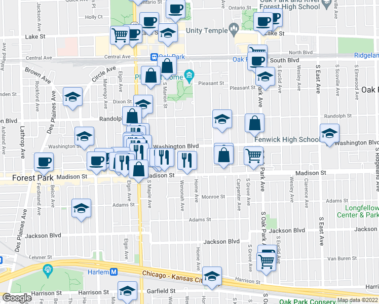map of restaurants, bars, coffee shops, grocery stores, and more near 1020 Washington Boulevard in Oak Park