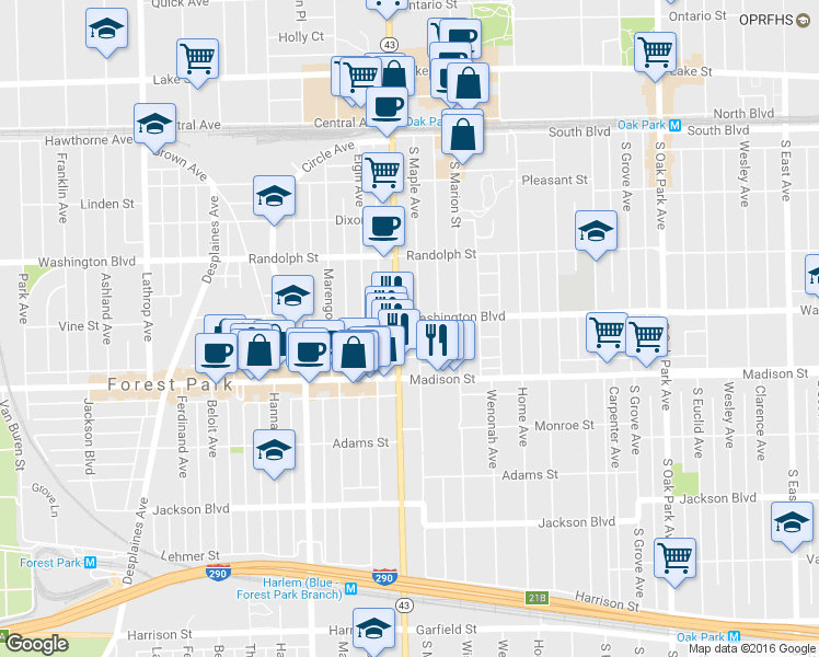 map of restaurants, bars, coffee shops, grocery stores, and more near 344 South Maple Avenue in Oak Park