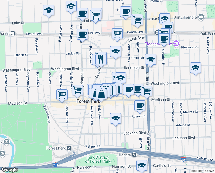 map of restaurants, bars, coffee shops, grocery stores, and more near 7449 Washington Street in Forest Park