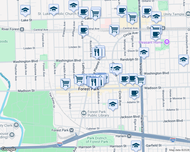 map of restaurants, bars, coffee shops, grocery stores, and more near 241 Des Plaines Avenue in Forest Park