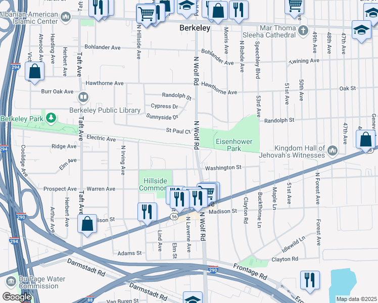 map of restaurants, bars, coffee shops, grocery stores, and more near 4818 Saint Paul Court in Hillside