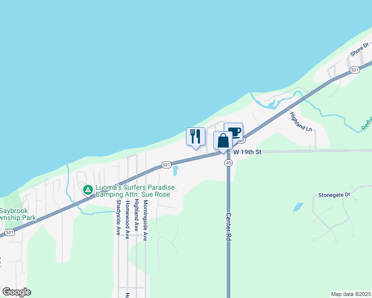 map of restaurants, bars, coffee shops, grocery stores, and more near 5237 Lake Road West in Ashtabula