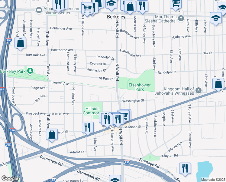 map of restaurants, bars, coffee shops, grocery stores, and more near 612 North Wolf Road in Hillside
