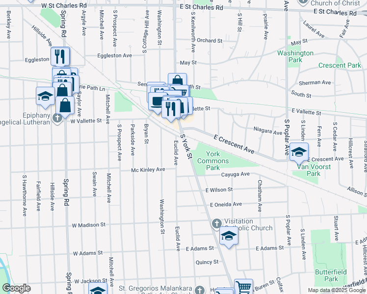 map of restaurants, bars, coffee shops, grocery stores, and more near 616 South York Street in Elmhurst