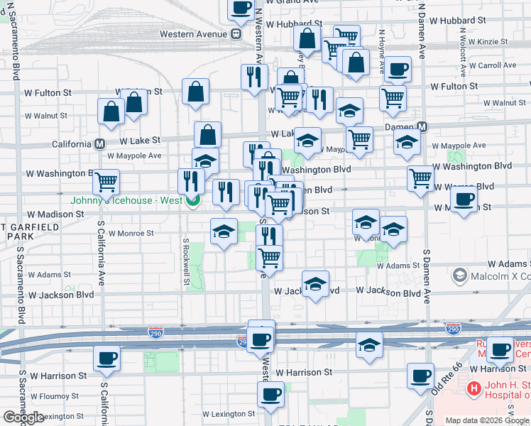 map of restaurants, bars, coffee shops, grocery stores, and more near 3 South Western Avenue in Chicago