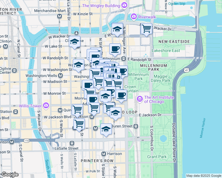 map of restaurants, bars, coffee shops, grocery stores, and more near 32 South Wabash Avenue in Chicago