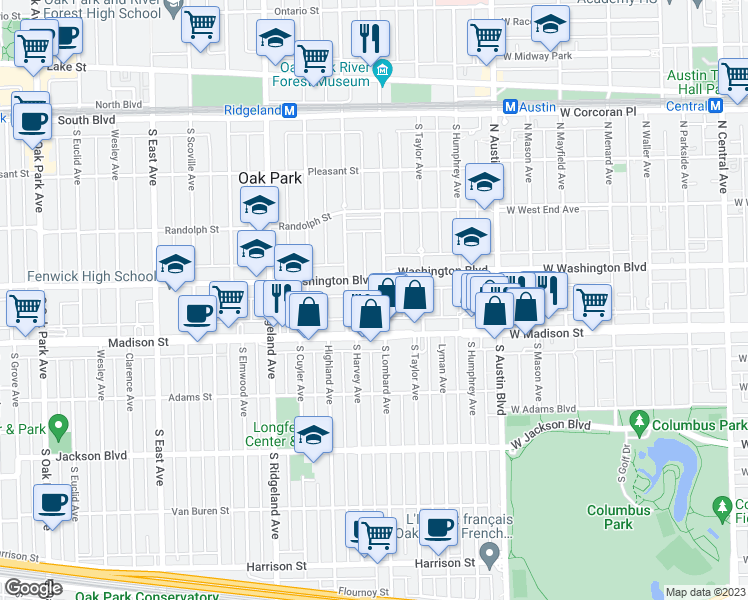 map of restaurants, bars, coffee shops, grocery stores, and more near 415 South Lombard Avenue in Oak Park