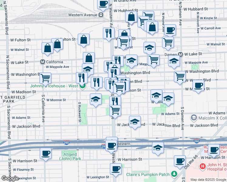 map of restaurants, bars, coffee shops, grocery stores, and more near 3 South Western Avenue in Chicago