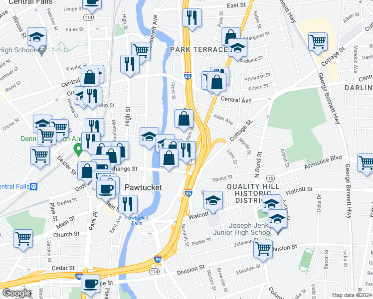 map of restaurants, bars, coffee shops, grocery stores, and more near 4 May Street in Pawtucket
