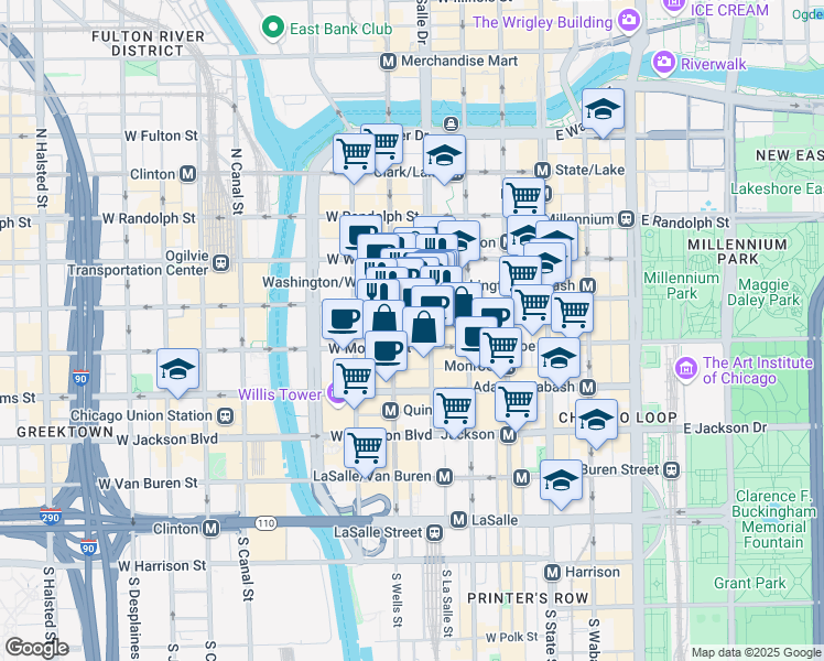 map of restaurants, bars, coffee shops, grocery stores, and more near 50 South La Salle Street in Chicago