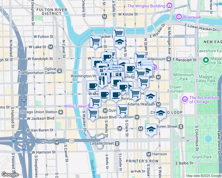 map of restaurants, bars, coffee shops, grocery stores, and more near 50 South La Salle Street in Chicago