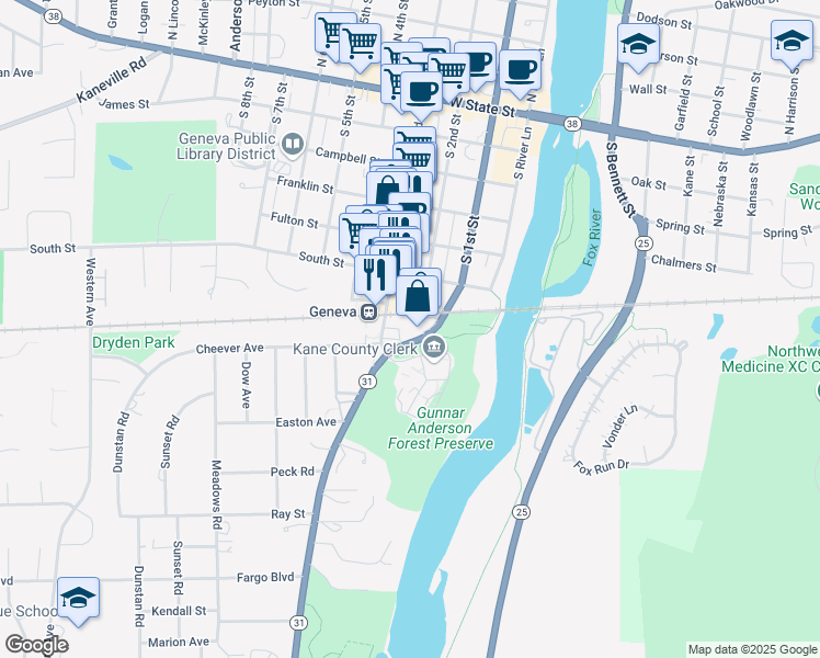 map of restaurants, bars, coffee shops, grocery stores, and more near 610 South 1st Street in Geneva