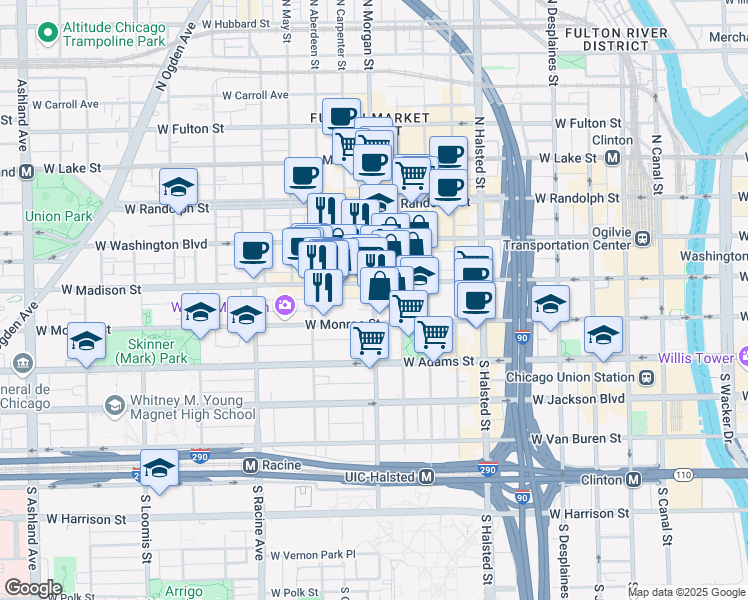 map of restaurants, bars, coffee shops, grocery stores, and more near 37 South Morgan Street in Chicago