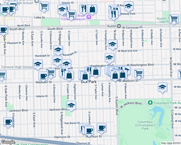 map of restaurants, bars, coffee shops, grocery stores, and more near 418 South Lombard Avenue in Oak Park