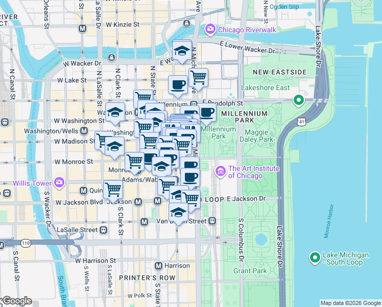 map of restaurants, bars, coffee shops, grocery stores, and more near 30 South Michigan Avenue in Chicago
