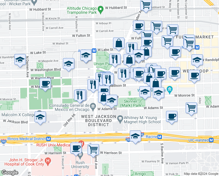 map of restaurants, bars, coffee shops, grocery stores, and more near 16 South Laflin Street in Chicago