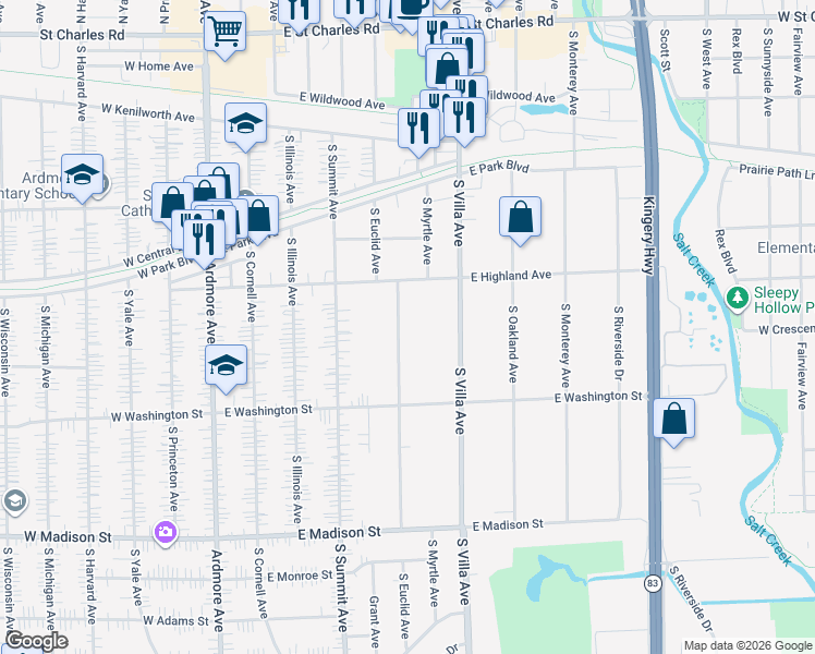 map of restaurants, bars, coffee shops, grocery stores, and more near 435 South Euclid Avenue in Villa Park