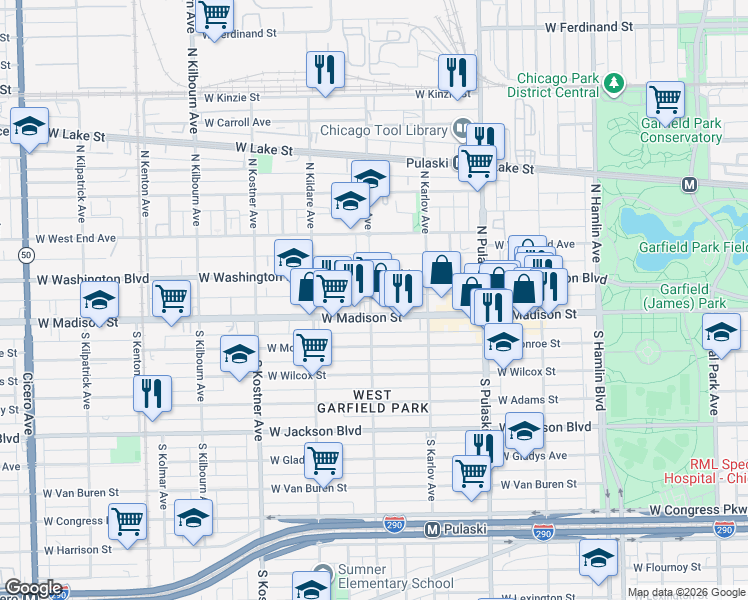 map of restaurants, bars, coffee shops, grocery stores, and more near 9 North Keeler Avenue in Chicago
