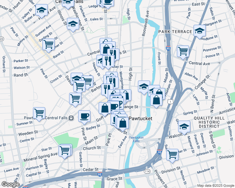 map of restaurants, bars, coffee shops, grocery stores, and more near 86 Montgomery Street in Pawtucket